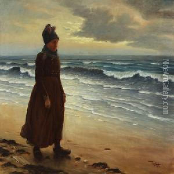 Young Girl From Fanoe Walking Along The Beach Oil Painting - Peder Riber