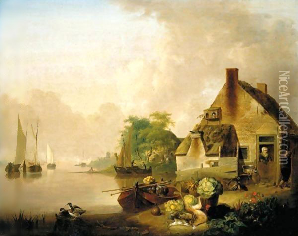 A River Landscape With Moored Sailing Boats And A Village Behind, A Still Life Of Cabbages, Carrots, Hares And A Black Hen In The Foreground Oil Painting - Jan van Os