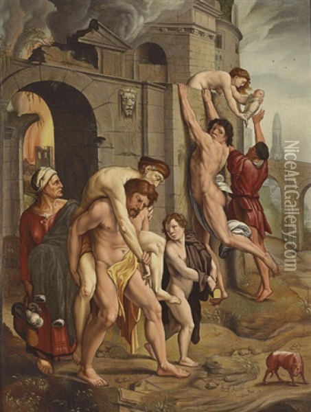 Aeneas Rescues His Father Anchises From The Burning Troy Oil Painting - Lambert Suavius