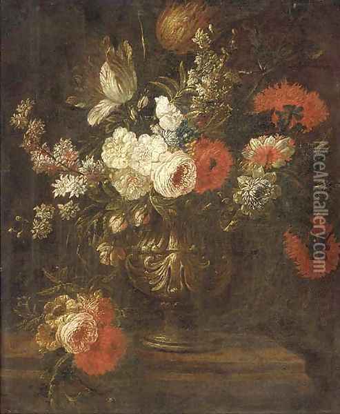 Parrot tulips, narcissi, roses, chrysanthemums and other flowers in an urn on a ledge Oil Painting - dei Fiori (Nuzzi) Mario