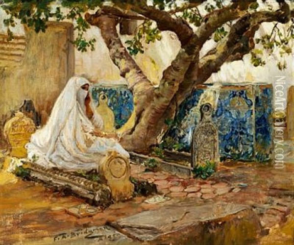Arab Woman On A Cemetery In Algiers Oil Painting - Frederick Arthur Bridgman