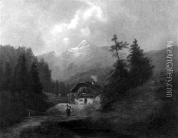 Gebirgslandschaft Mit Chalet Und Staffagefiguren Oil Painting - Gustav Barbarini