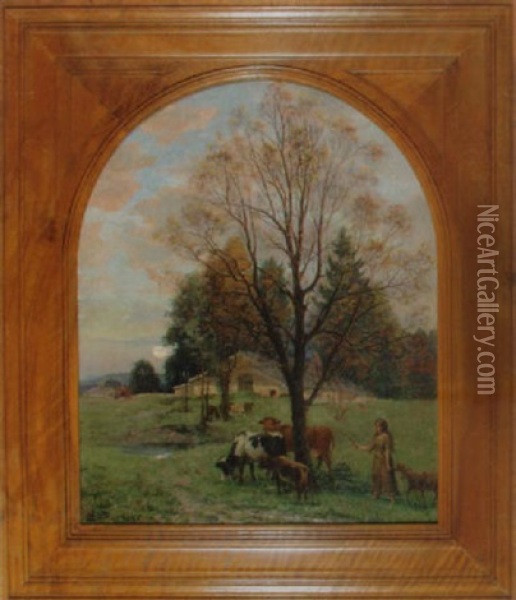 Abendlicher Eintrieb Des Viehs Im Herbstlichen Joux Perret Oil Painting - Edouard Jeanmaire