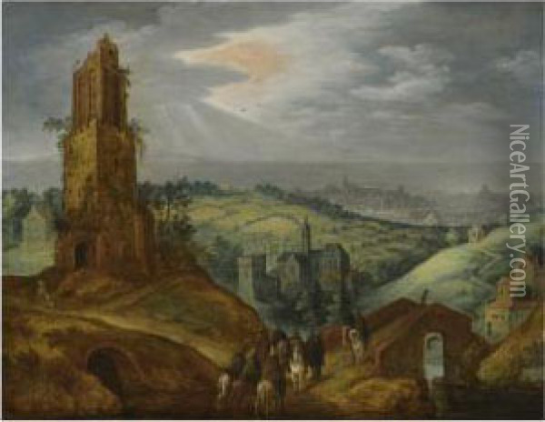 Landscape With Travellers On Horseback Beneath A Ruined Tower, Adistant City Beyond Oil Painting - Tobias van Haecht (see Verhaecht)