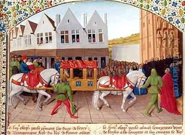 Arrival of Emperor Charles IV 1316-78 at the Basilica St Denis in 1378 Oil Painting - Jean Fouquet