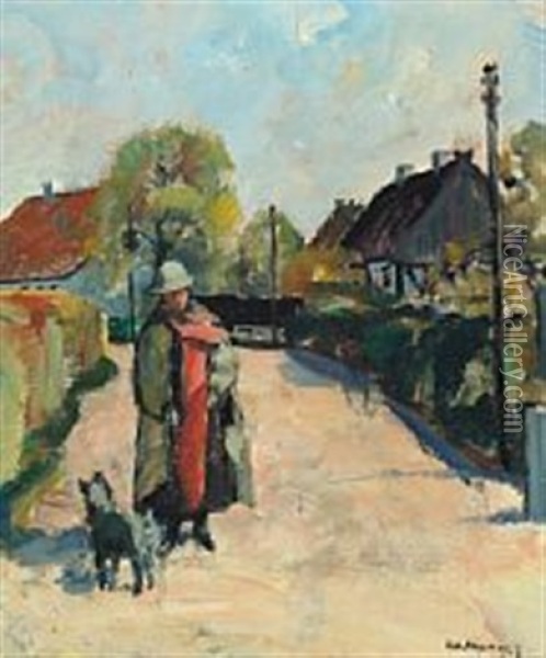 Village Street With Woman And Dog Oil Painting - Niels Hansen