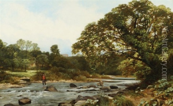 Fisherman In A River Oil Painting - James Peel