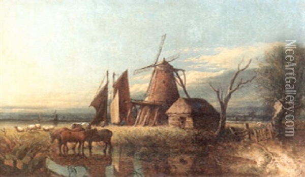 An Extensive Broadland View With A Windmill And A Cottage And Horses Watering At A Pond In The Foreground Oil Painting - Anthony Sandys