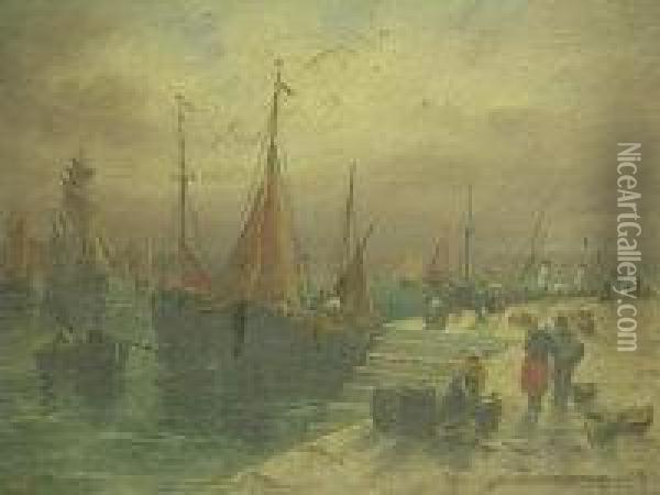 Busy Quayside With Fisherfolk Oil Painting - S.L. Kilpack