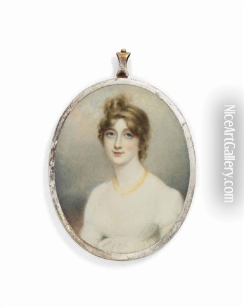 Frances Crosbie, Nee Wesley, In White Dress, Multi-strand Pearl Necklace, Upswept Curling Hair Oil Painting - Anne Mee
