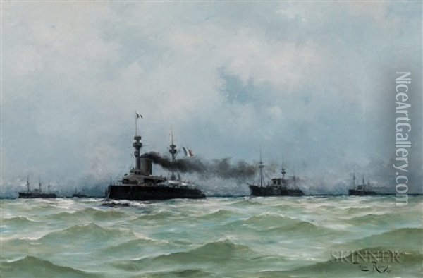 French Battleships At Sea Oil Painting - Henri Edmond Rudaux