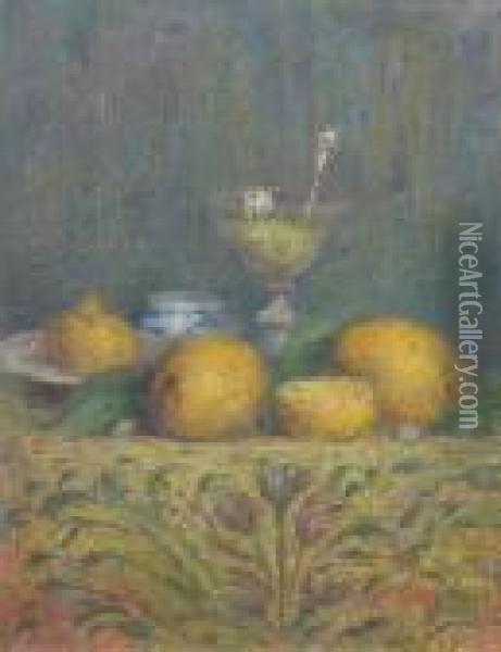 'still Life Study Of Fruit And 
Cocktail Glass', Oil, Signed With Initials And Incribed Verso Panel, 14 Oil Painting - Alfred Verhaeren