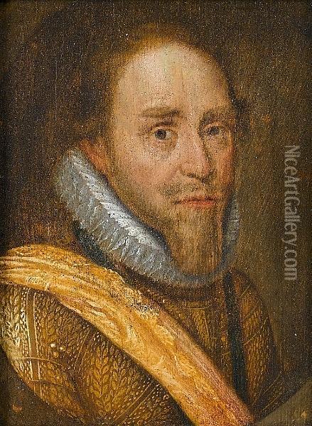 Portrait Of Maurice, Prince Of 
Orange, Count Of Nassau, Bust-length, In Armour With An Orange Sash, In A
 Painted Oval Oil Painting - Michiel Jansz. Van Miereveldt