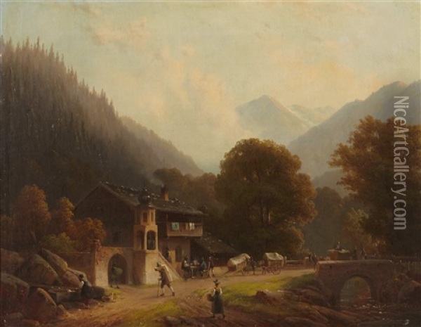 Figures On A Road In A Mountain Village Oil Painting - Anton Doll