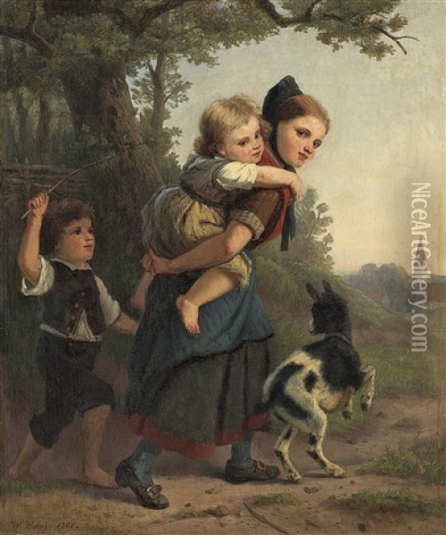 Spielende Kinder Mit Zicklein Oil Painting - Karl Wilhelm Hahn