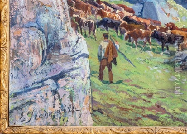 La Montee Du Troupeau A L'alpage, Val De Clerzon, Valais Oil Painting - Edouard Jeanmaire