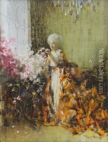 Woman With Flowers In Interior Oil Painting - Francesco Longo Mancini