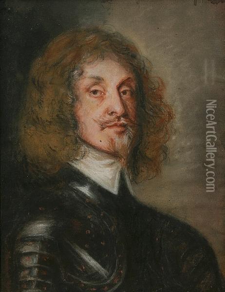 Portrait Of A Gnetleman, Believed To Be Sir Edmund Verney, Head And Shoulders, Wearing Armoured Tunic And White Collar, And Another, Portrait Of A Gentleman Believed To Be Sir John Verney, Head And Shoulders, Wearing Long Brown Wig Oil Painting - Edward Lutterell