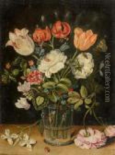 Flowers In A Glass Vase. Oil Painting - Jan The Elder Brueghel
