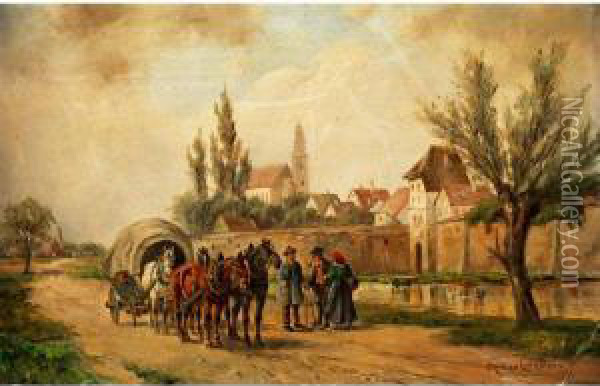 Planwagen Auf Dorfstrasse Oil Painting - Ludwig Muller-Cornelius