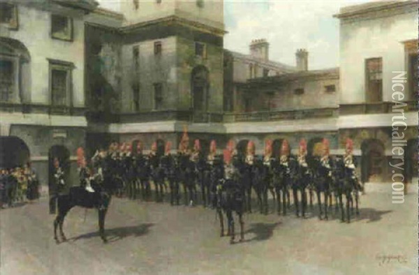 The Royal Horse Guards, Guard Mounting Parade, Whitehall Oil Painting - Edouard Armand-Dumaresq