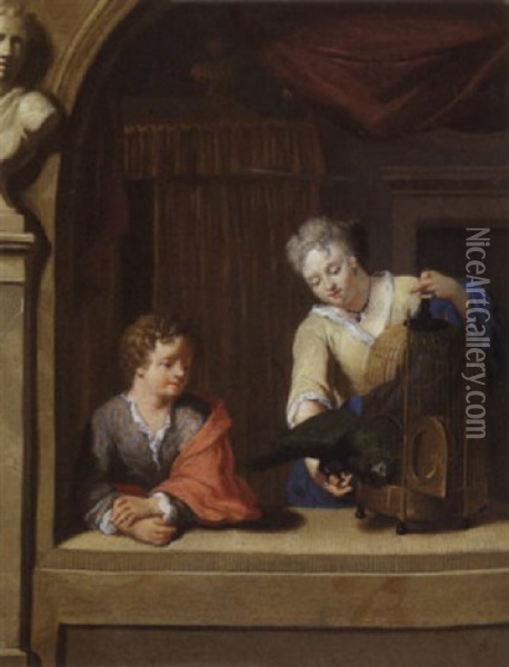 Deux Enfants Jouant Avec Un Perroquet Dans L'embrasure D'une Fenetre Oil Painting - Gerard Hoet the Elder