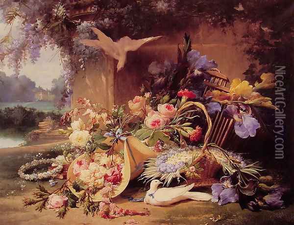 Elegant Still Life with Flowers Oil Painting - Eugene Bidau