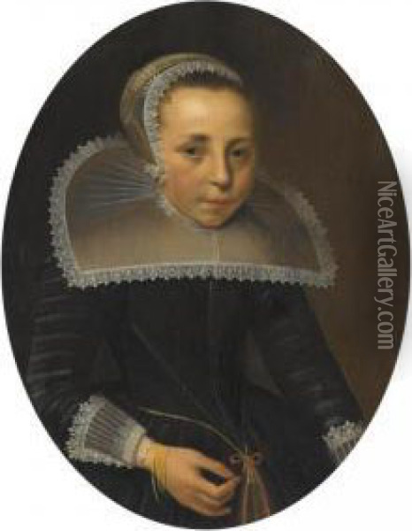 Portrait Of A Lady, Half Length, Wearing A Black Dress With White Lace Ruff And Headress Oil Painting - Thomas De Keyser