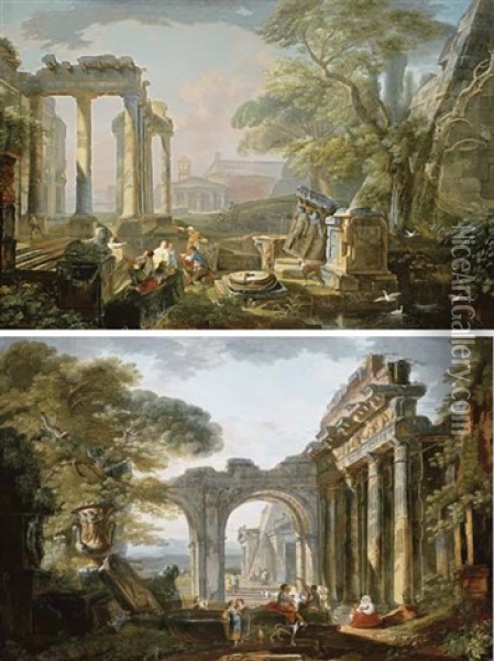 Figures Amongst Classical Ruins (pair) Oil Painting - Hubert Robert