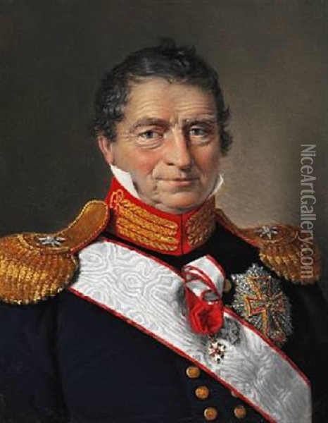 Portrait Of Admiral Johan Cornelius Krieger (1756-1824) In A Blue Uniform With Golden Buttons, Red Collar And Epaulettes With Silver Stars On Top Oil Painting - Christian Albrecht Jensen