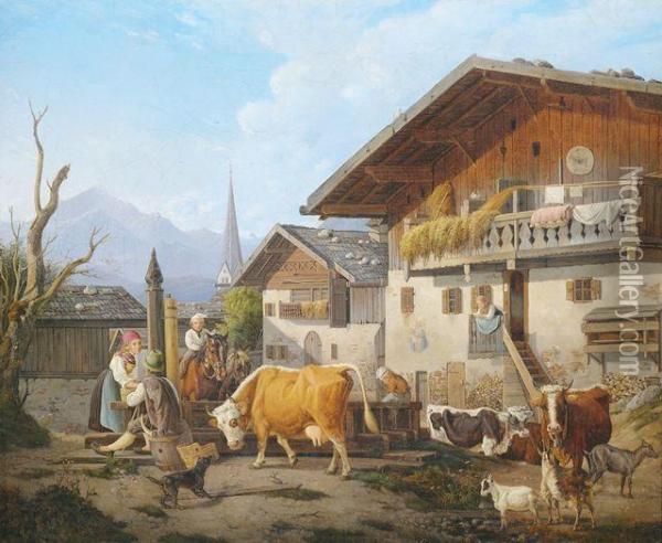 Am Dorfbrunnen Oil Painting - Moritz Eduard Lotze