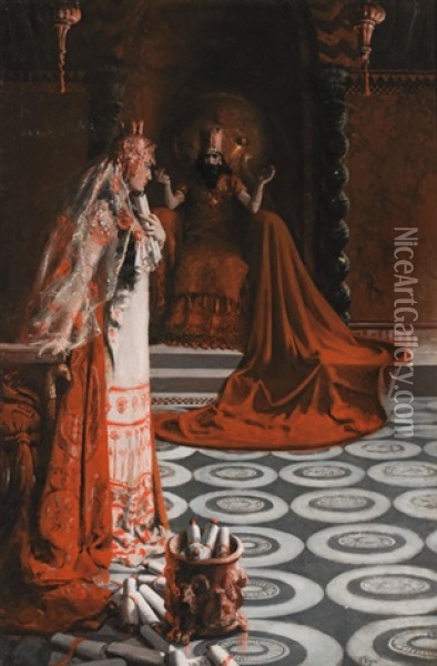 Solomon Answering The Questions Of The Queen Oil Painting - Howard Pyle