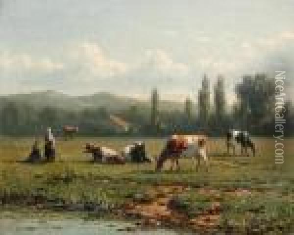 Cattle Grazing By A Stream Oil Painting - Jacob Jan van der Maaten