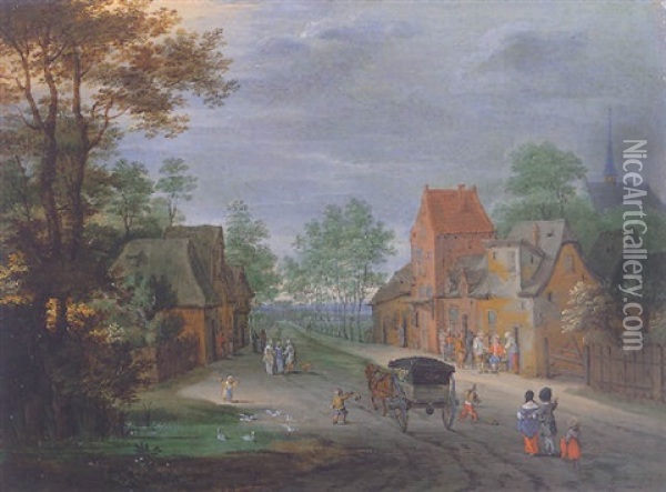 A Village Scene With A Horsedrawn Cart On A Track, Figures Following On Behind And Others Beyond Outside Inn Oil Painting - Peter Gysels