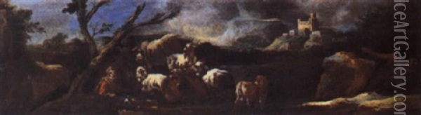 Paesaggio Con Armenti E Figure Oil Painting - Johann Heinrich Roos