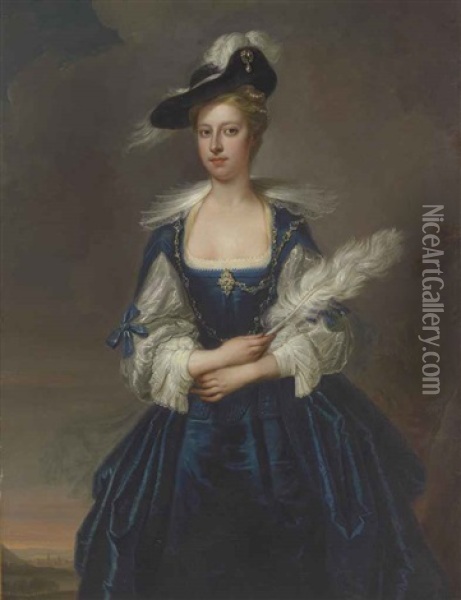 Portrait Of Elizabeth Dunch, Later Lady Oxenden, Three-quarter-length, Wearing A Blue Dress And Black Hat And Holding A White Feather Plume Oil Painting - Thomas Hudson