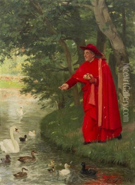 Cardinal Feeding Ducks Oil Painting - Jose Frappa