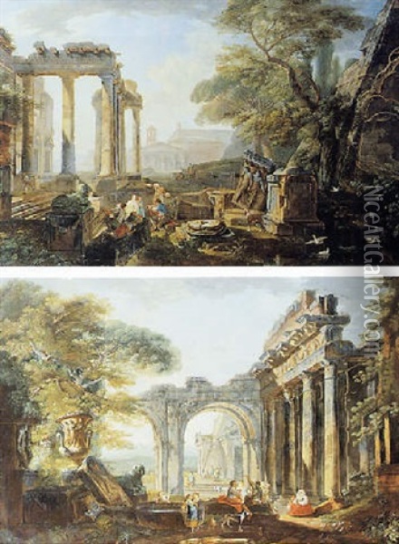 Veduta Ideata Di Roma Con Resti Archeologici E Figure Oil Painting - Hubert Robert