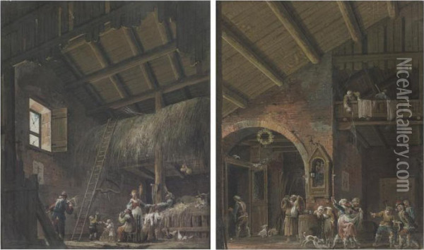 Barn Interiors With Figures Oil Painting - Giuseppe Bernardino Bison