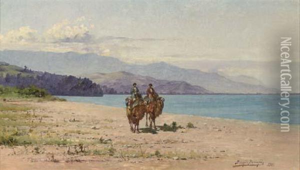 Camel Riders By The Shore Of Lake Kardyvatch In The Caucasus Oil Painting - Richard Karlovich Zommer