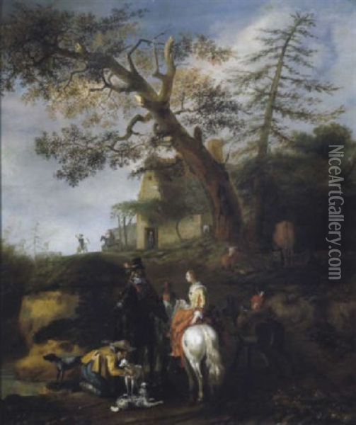 Rastende Jager In Einer Waldlandschaft Oil Painting - Ludolf de Jongh