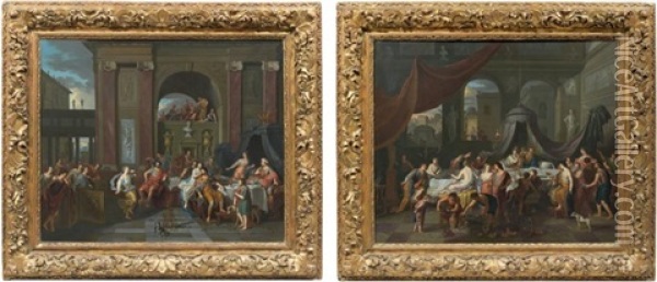 La Danse De Salome, Le Banquet D'antoine Et De Cleopatre (2 Works) Oil Painting - Gerard Hoet the Elder