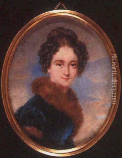A Lady In Blue Velvet, Fur-trimmed Coat, Her Dark Brown Hair In Ringlets, Sky Background Oil Painting - Moritz Michael Daffinger