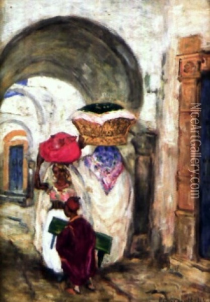 Scene De Rue A Tunis Oil Painting - Pierre Gourdault