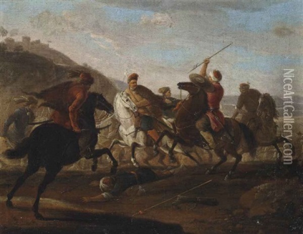 A Cavalry Skirmish Between Christians And Turks (+ A Cavalry Skirmish; Pair) Oil Painting - Georg Philipp Rugendas the Younger