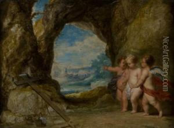 Gesu Bambino, San Giovannino E Un Angelo In Un Paesaggio Con Strumenti Della Passione Oil Painting - Frans Wouters