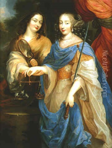 Portrait De La Grande Mademoiselle En Allegorie De La Justice Accompagnee De La Prudence Oil Painting - Louis Ferdinand Elle the Elder