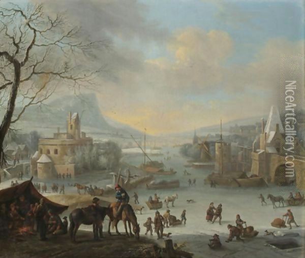 An Extensive Winter Landscape With Skaters On A Frozen River And Peasants Warming Themselves Near A Fire In The Foreground Oil Painting - Robert Griffier