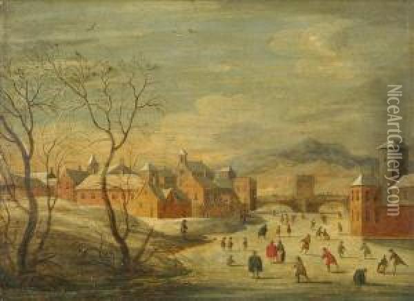 Winter Landscape With Kolf Players And Skaters On A Frozen River Before A Town Oil Painting - Hendrick Avercamp