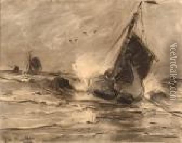 Flatbottom Boat In The Surf Oil Painting - Gerhard Arij Ludwig Morgenstje Munthe